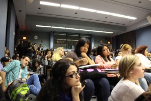 Students crowd Kreider Hall on April 4 to listen to social justice panelists.